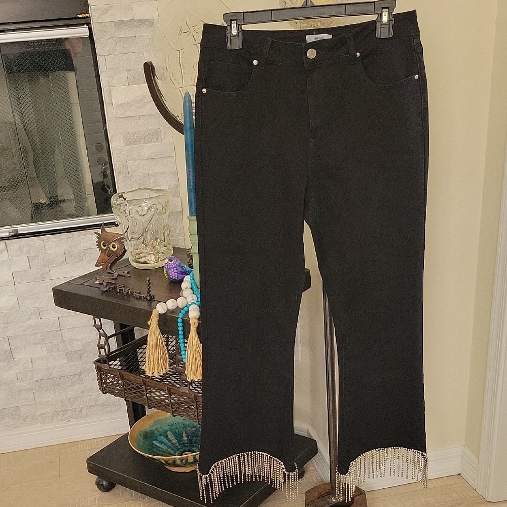 Forever 21 Black Flare Jeans with Rhibstone Fringe Hem